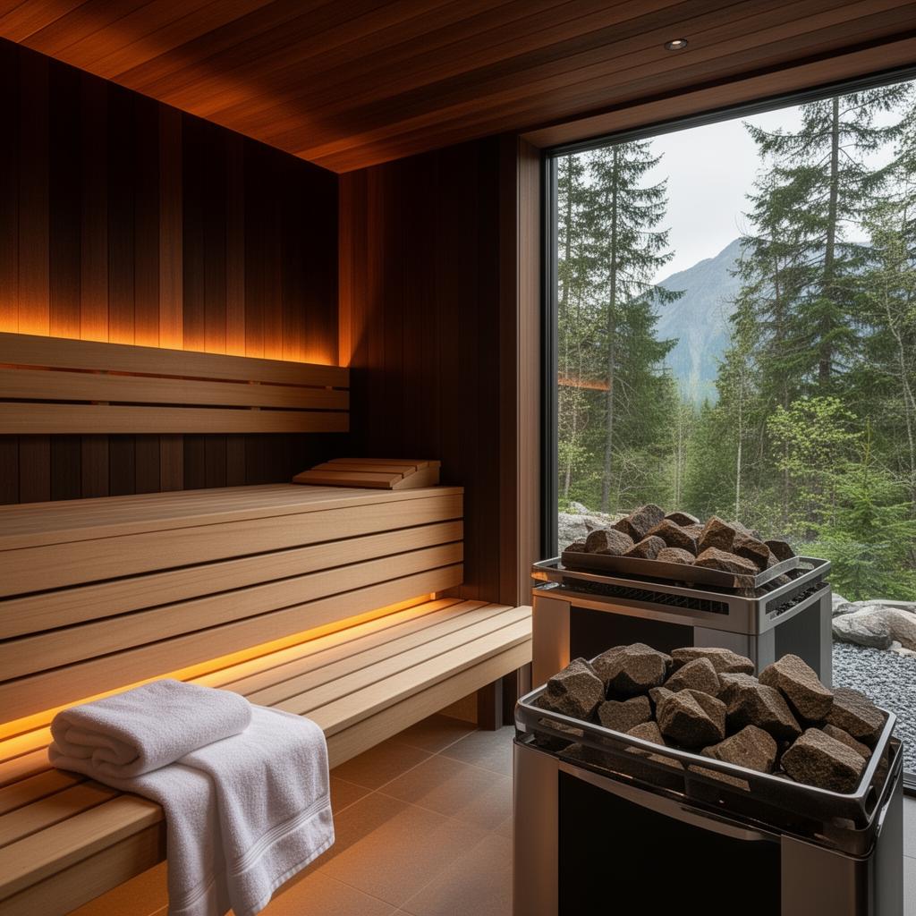 Luxury modern cedar sauna interior with floor-to-ceiling forest view